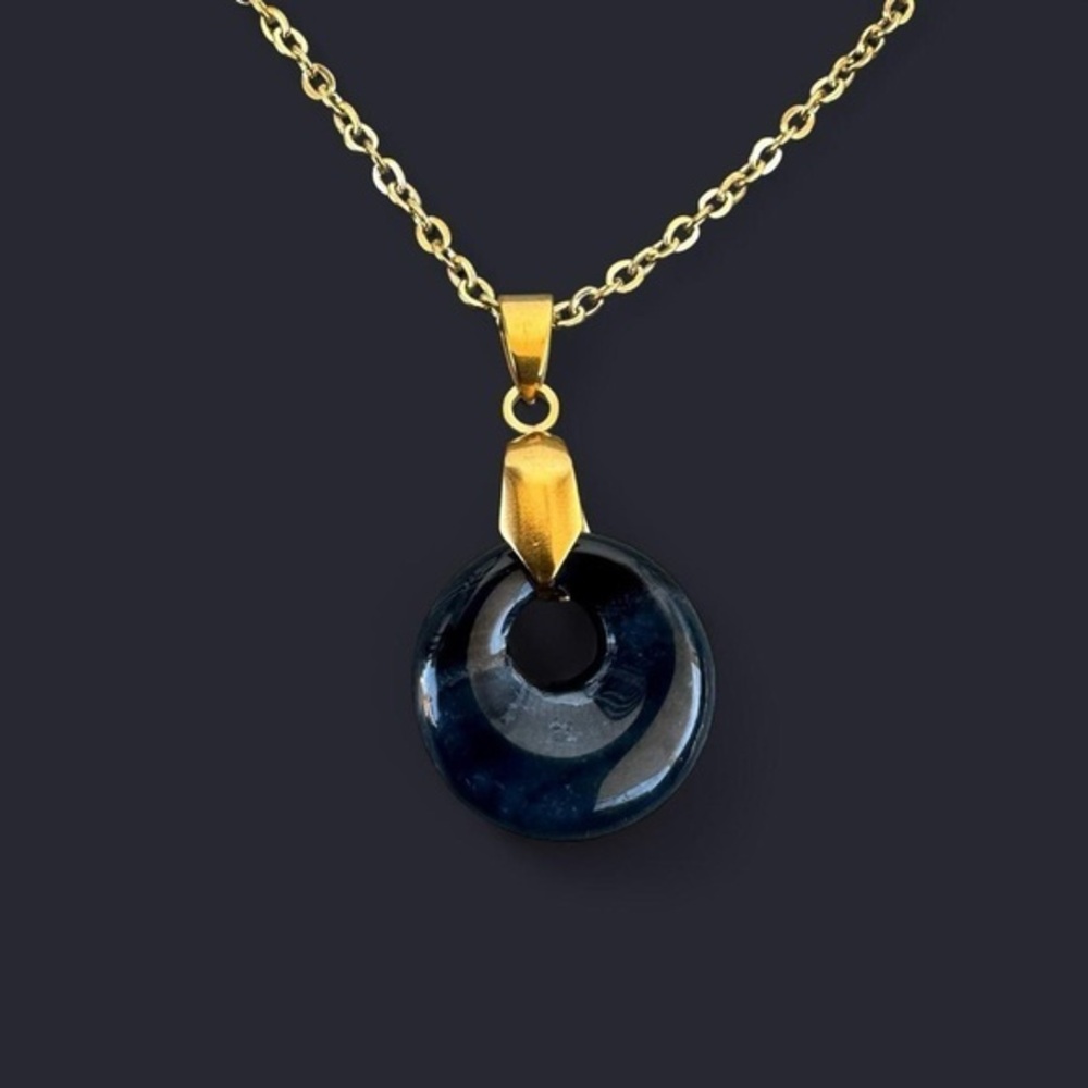 Black Agate Donut Pendant Gold Necklace